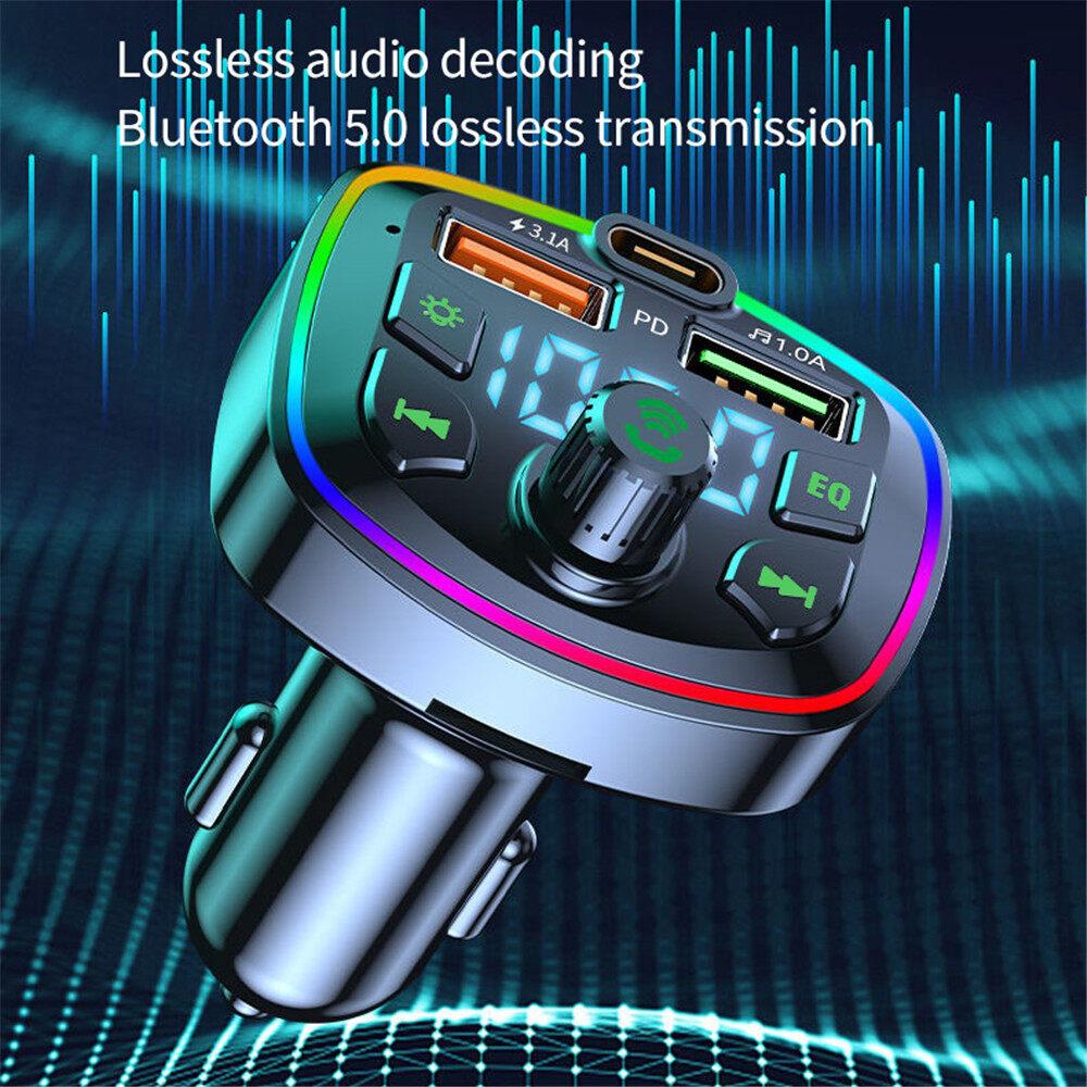 Q7 Bluetooth 5.0 Car Charger FM Transmitter Type C 2 USB Port 4.2A Charger Colorful Ambient Light MP3 Music Player