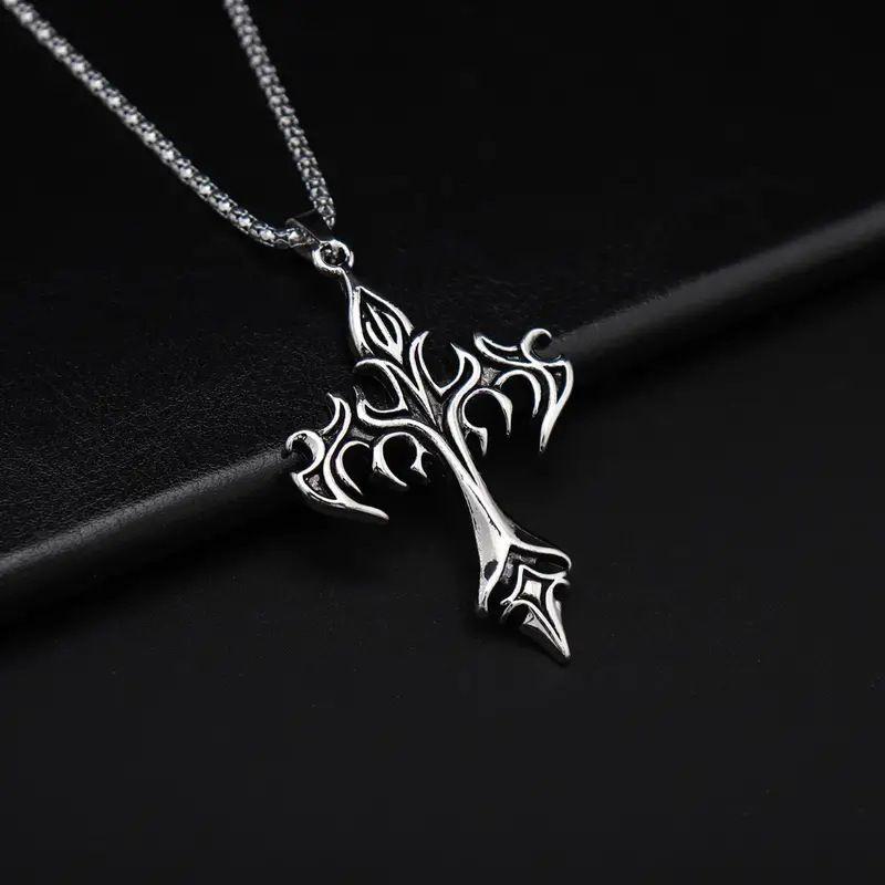 Flame Cross Pendant Sweater Chain, Men's Statement Necklace for T-shirts