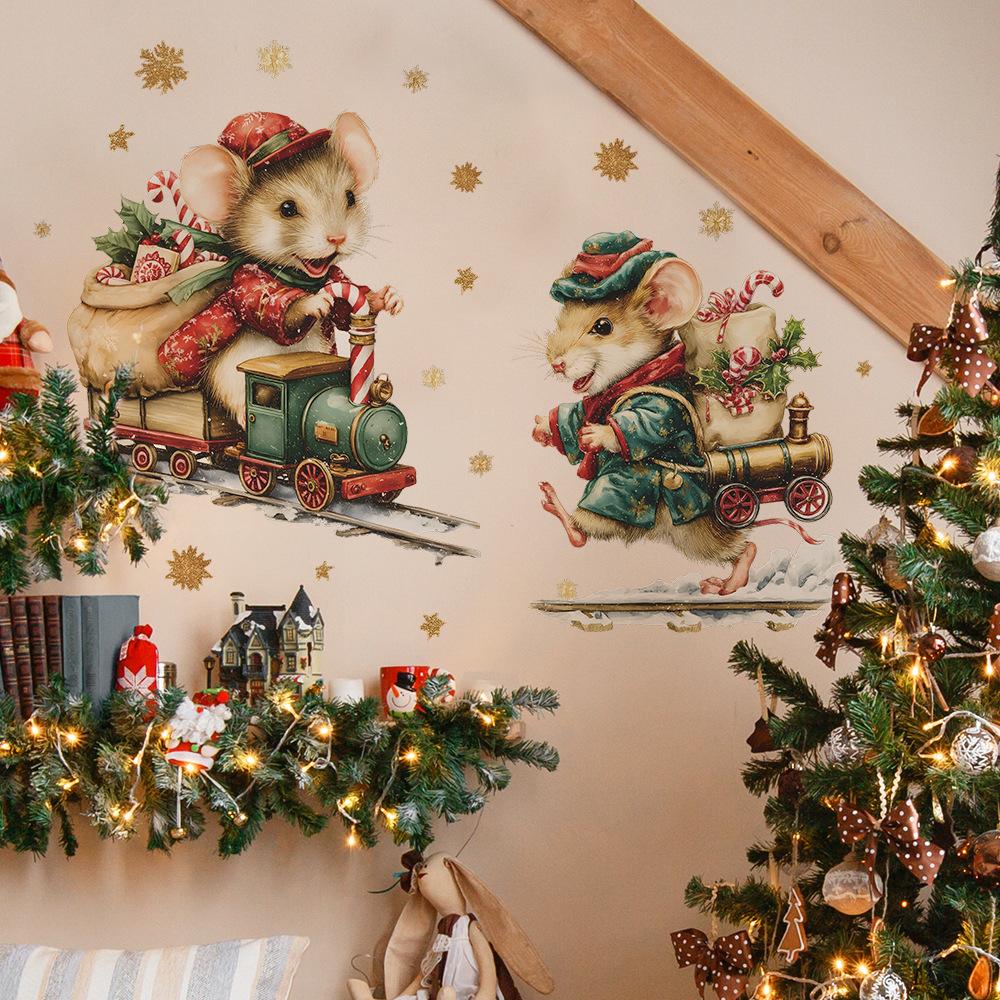Cartoon Christmas Gift-giving Little Mouse Golden Snowflake Home Beautification and Decoration Wall Stickers