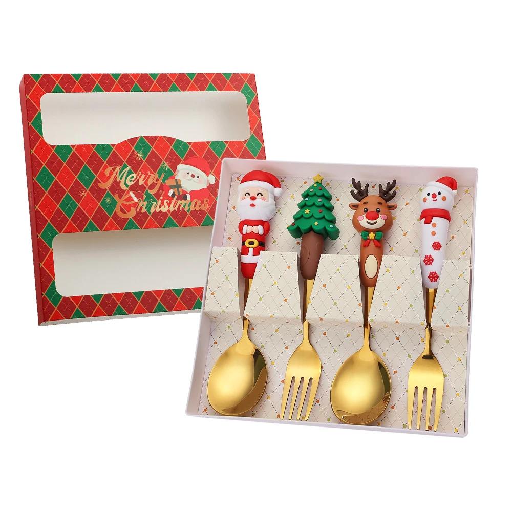 Christmas Dinnerware Stainless Steel With Luxury Gift Box Tableware Dessert Fork Coffee Spoon Santa Cutlery For Christmas