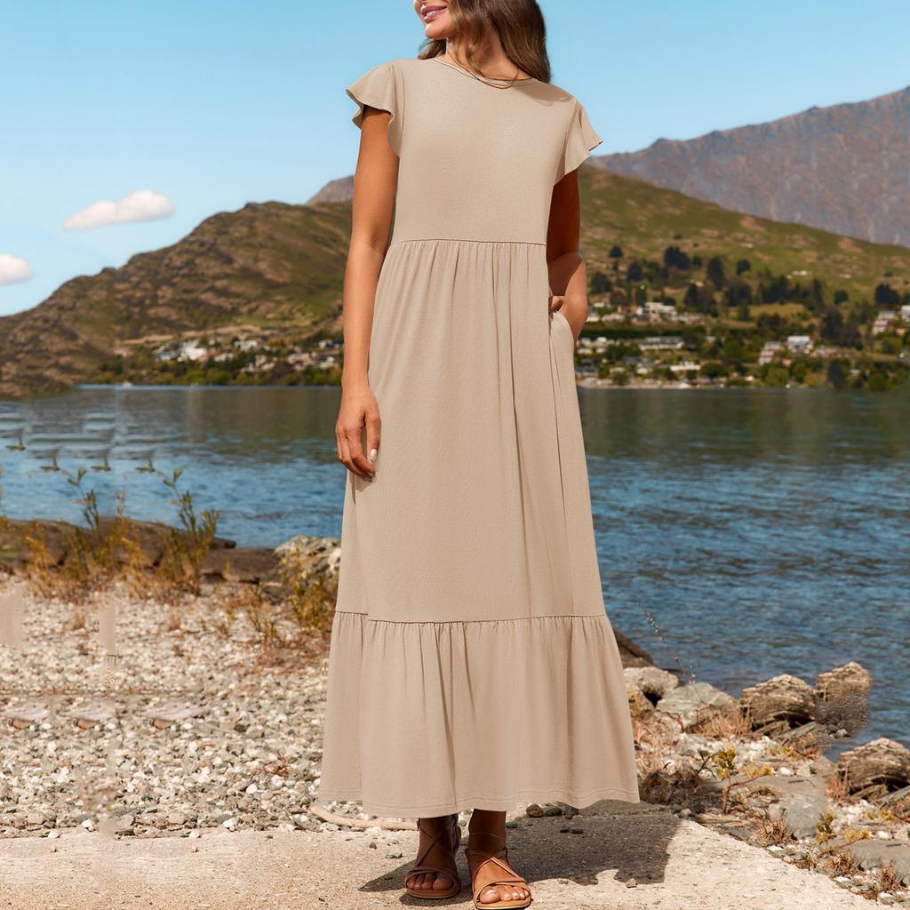 Damen Sommer Freizeitkleider Kurzarm Rundhalsausschnitt Locker Fließendes Strandkleid Mit Taschen
