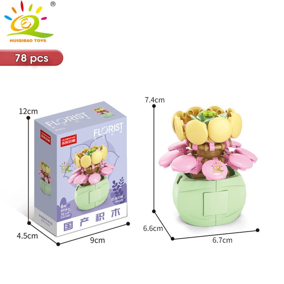 HUIQIBAO MOC Flower Succulent Potted Model Building Block DIY Eternal Bouquet Home Desk Plant Decor Brick Girl Gift Children Toy