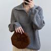 Autumn and Winter New Gentle Solid Color Half-open Lapel Pit Strip Design Sense Small Short Knitted Pullover Sweater Women