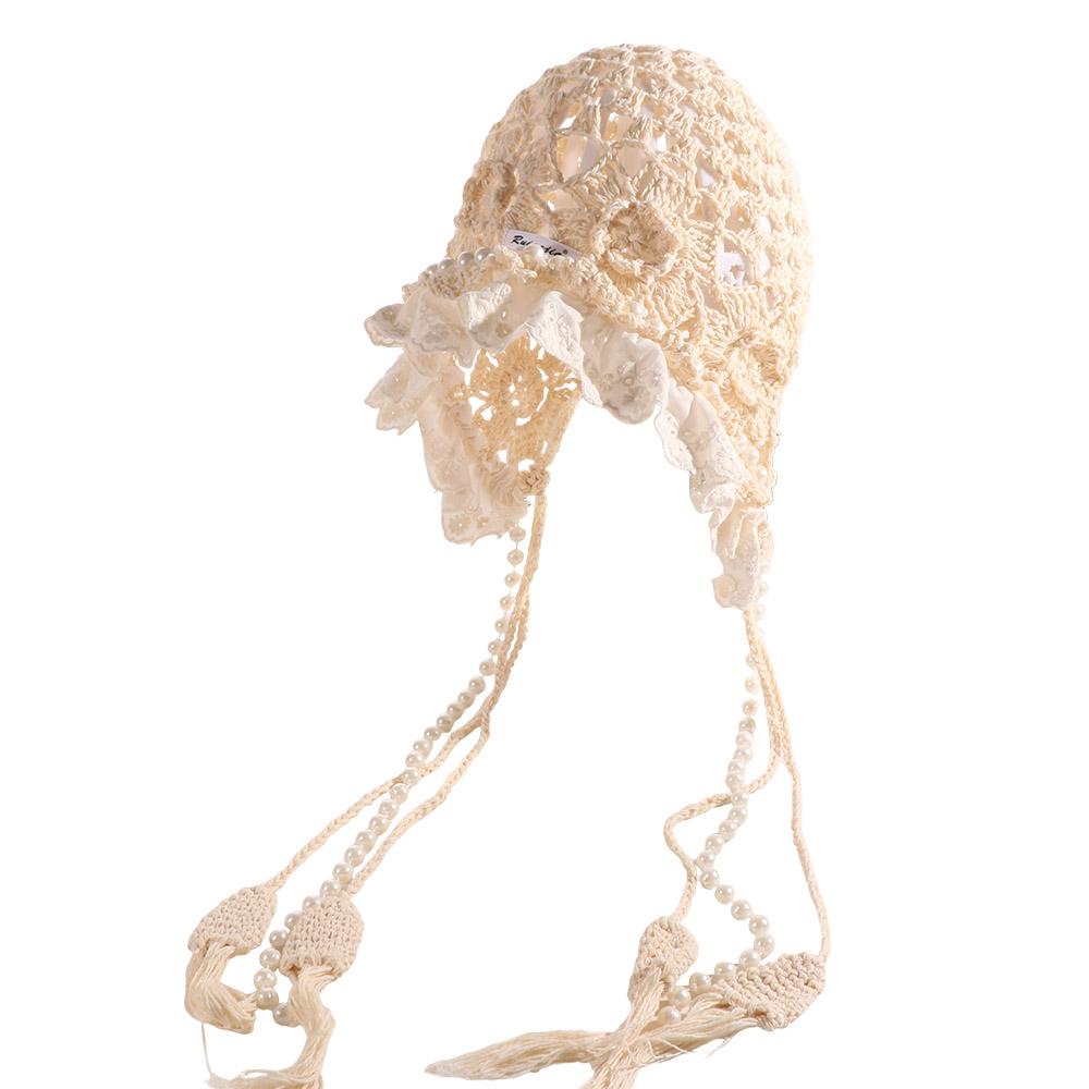 Pearl Tassels Lace Beanies Hollow Out Knit Cap Cute Crochet Flower Knitted Hat  Apparel Accessories