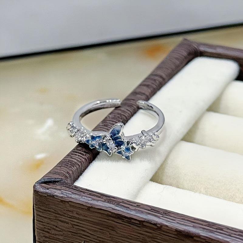 Blue Enamel Oil Drop Butterfly Open Ring Full Of Diamonds Zircon Light Luxury High Sense Super Fairy Flash White Ring Woman