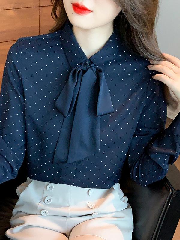 Polka Dot Bowknot Chiffon Blouse - Women's Long Sleeve Autumn Fashion