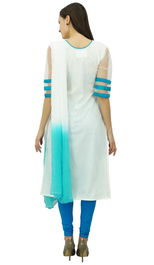 Atasi Women'S White And Blue Straight Salwar Kameez With Dupatta Suit Sets