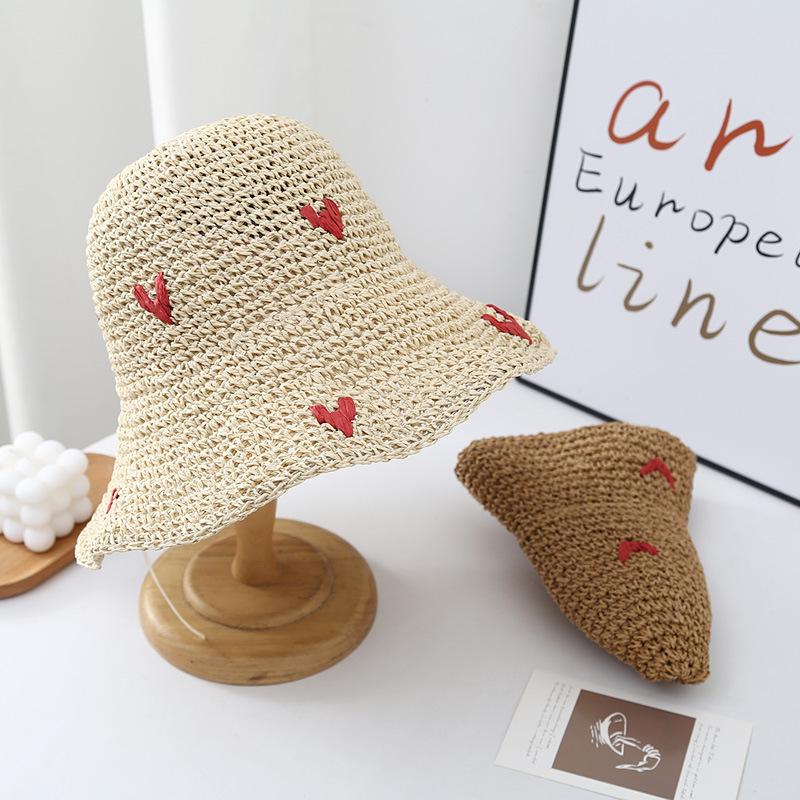 Sommer Süßer und Niedlicher Strohhut Damen Strandurlaub Sonnenschutz und Sonnenschirm Hut Anti UV Liebe Sonnenhut Große Krempe