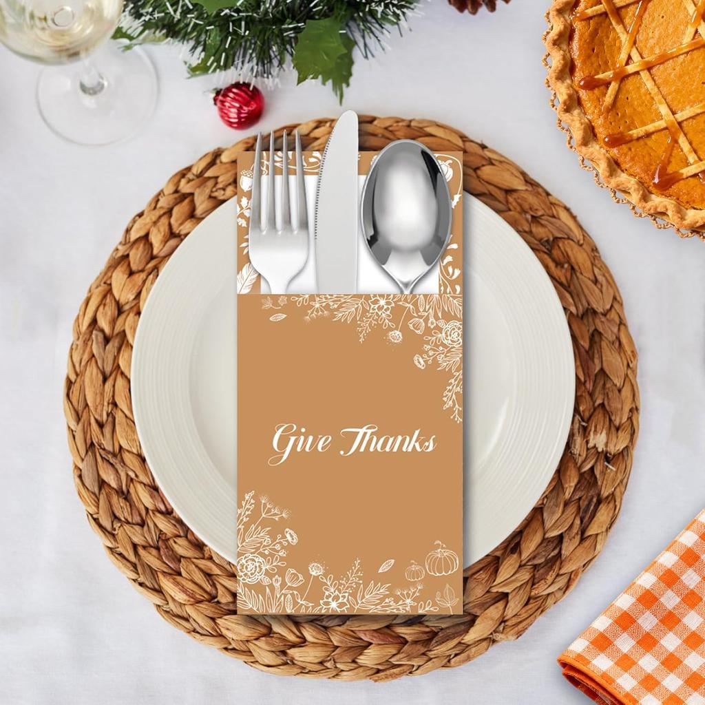 42PCS Thanksgiving Table Decor Cutlery Holder Set - 6 Thanksful Decorations Utensil Holder for Dinner Party Autumn Family Harvest Table Supplies