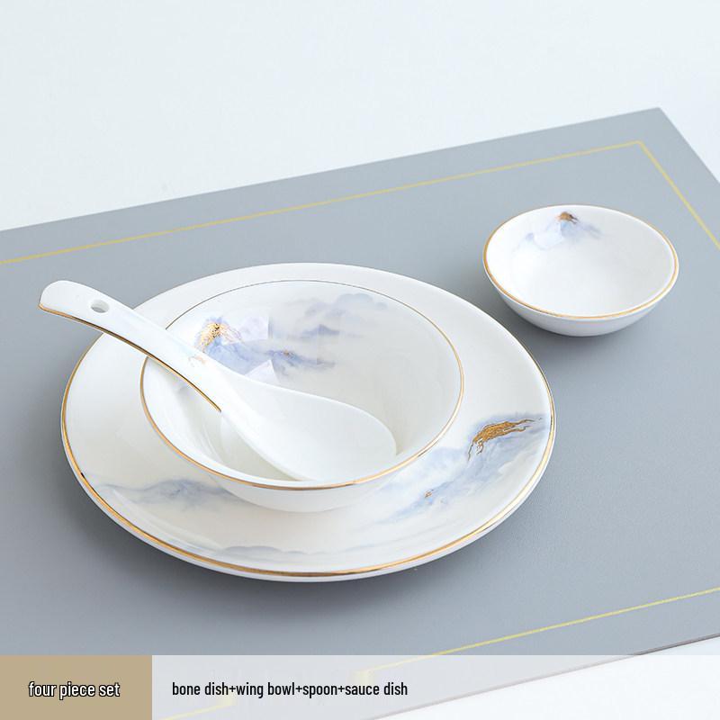 Hotel & Restaurant Gold Rim Ceramic Dinnerware Set - Plates, Bowls, Chopsticks, Spoon (4-Piece)