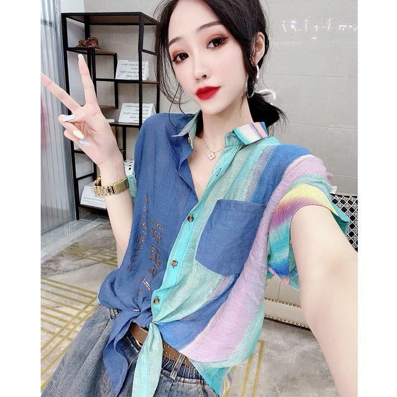 Y2K Summer Casual Fashion Diamonds Patchwork Chiffon Shirt Lady Short Sleeve Loose All-match Buttons Tops Women Printed Blouse
