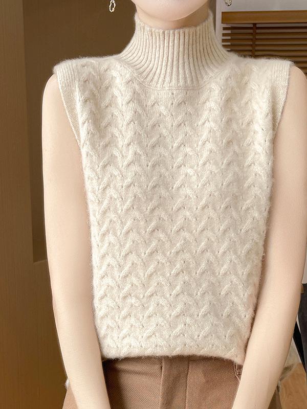 2025 Women's Wool Cable Knit Half-High Collar Sleeveless Sweater Vest