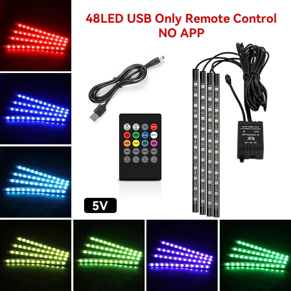 Neon 48 72 LED Car Interior Ambient Foot Light with USB Wireless Remote Music App Control Auto RGB Atmosphere Decorative Lamps