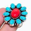 Natural Coral, Turquoise Gemstone 925 Sterling Silver Jewelry Ring Size 7.5 AR-17973