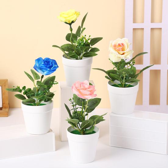 Artificial Potted Rose Desktop Faux Rose Bonsai Reusable Artificial Rose in Flower Pot for Home Office Decor Photography Prop