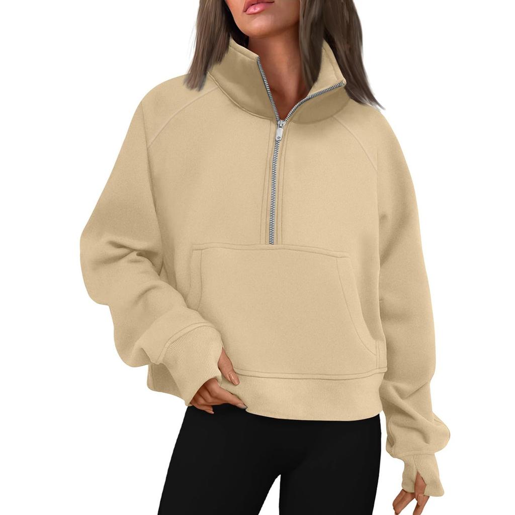 Women's Stand Collar Plus Fleece Solid Color Hoodie Long Sleeve Pocket Loose Half Zip Pullover Hoodie Top