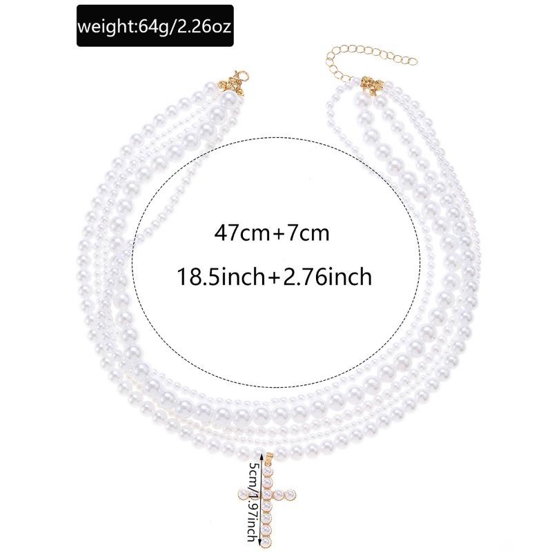 Stacked necklace retro imitation pearl light luxury sweet cool pendant women's pearl cross necklace