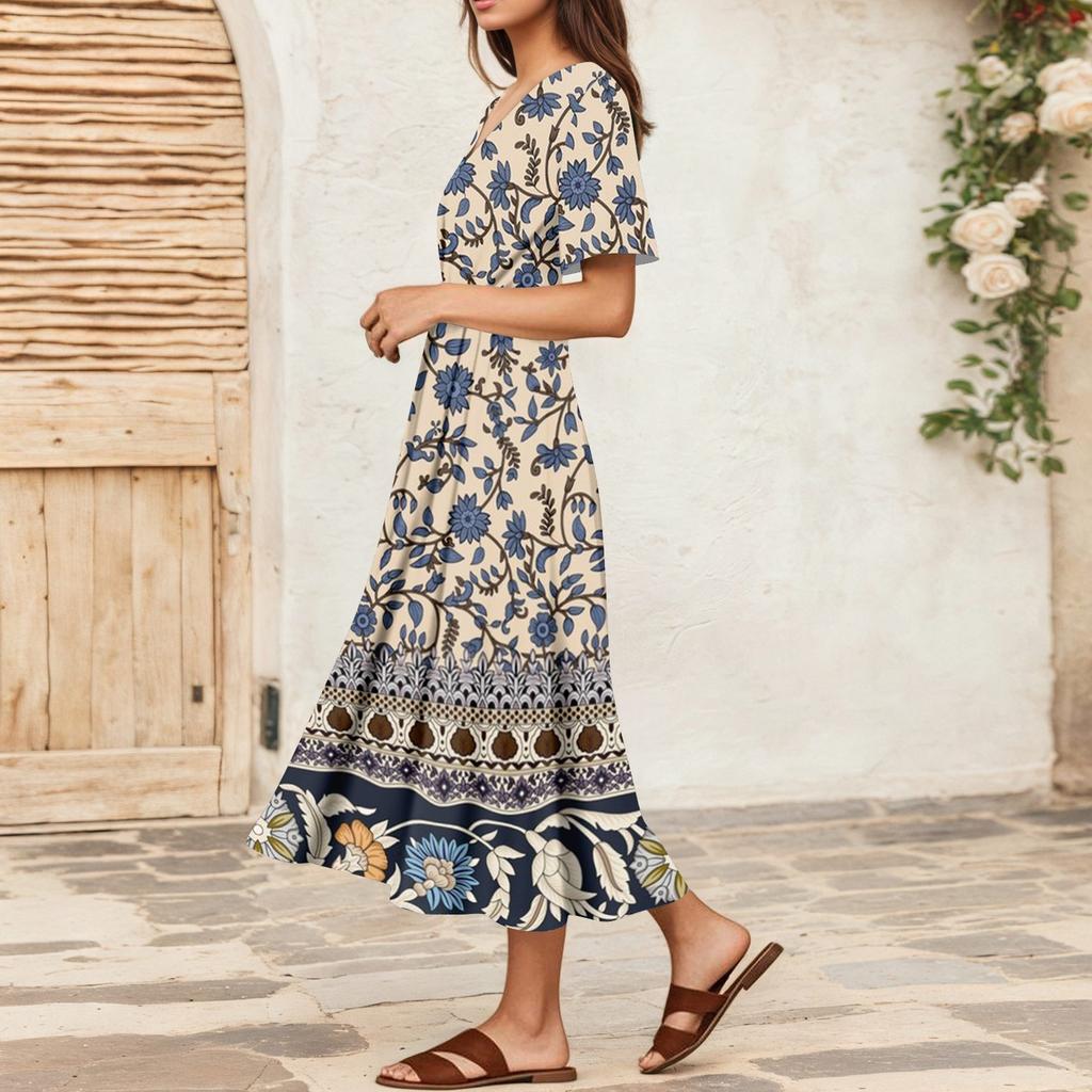 Women's Summer Loose V Neck Short Sleeve Dress, Elegant Dress