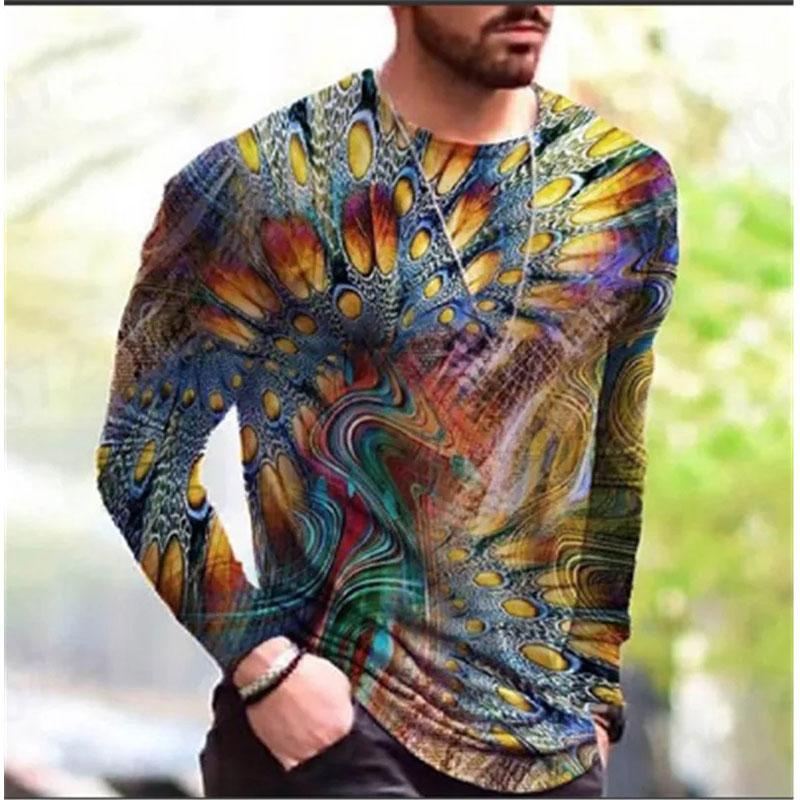 Modny Wzór Europejski T-shirt z Długim Rękawem Dla Mężczyzn Casualowy Jesienny Trend Top Okrągły Dekolt T-shirt Odzież