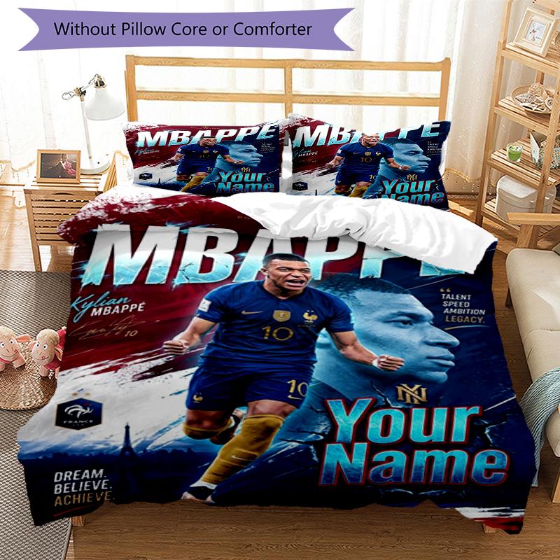 3pcs Custom Name MBAPPE Football Legend Printed Bedding Set Duvet Cover Closure Includes 1 Duvet Cover & 2 Pillowcases, Soft and Comfortable for All S