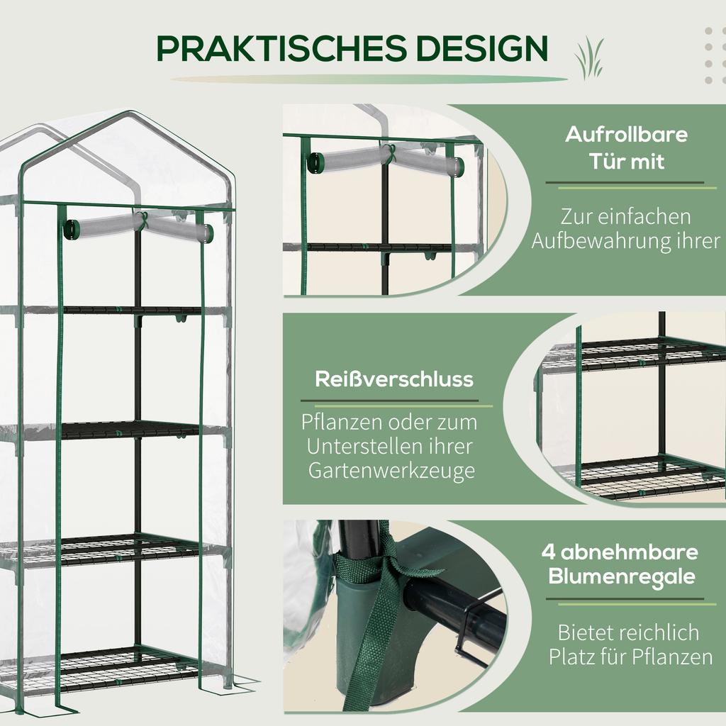 4 Tier Mini Portable Greenhouse Compact Plant Grow Shed Metal Frame PE Cover with Lockable Rolling Wheels, Clear