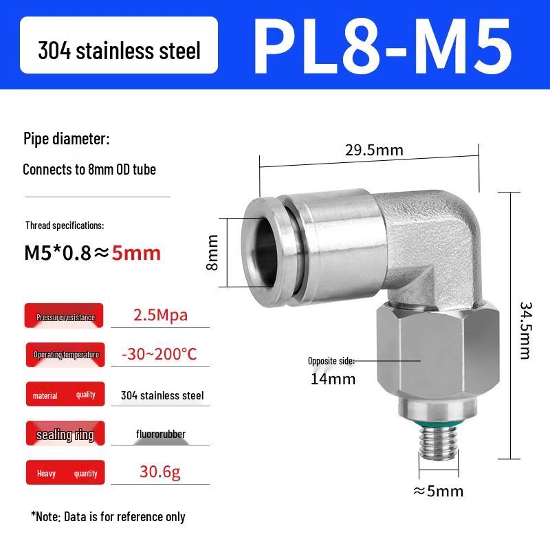 304 Stainless Steel Pneumatic Quick Push-in Connector, PC16-06/PC8-02 Swivel Elbow, PL6-M5/04