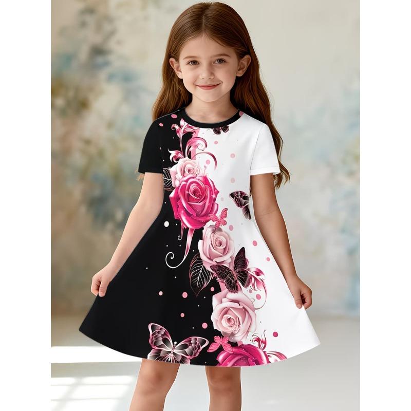 Cute and Shiny Magic Wand Princess Print Girl Casual Dress Fairy Tale Design Short Sleeved Dress Suitable for Birthday Gifts