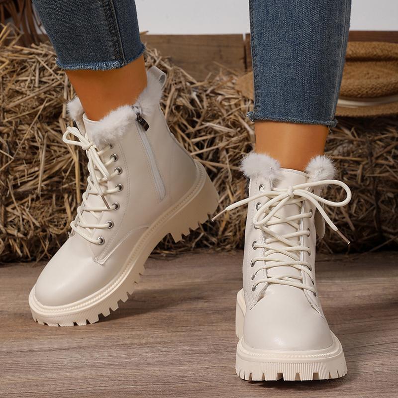 Fashion Autumn Winter Plush Warm Ankle Boots Women Fashion Solid Color PU Leather Short Boots Woman Plus Size Non Slip Platform Booties