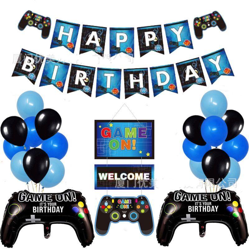 GAME ON Blue Gaming-Themed Birthday Party Decorations: Game Controller Banner and Aluminum Foil Balloon Set