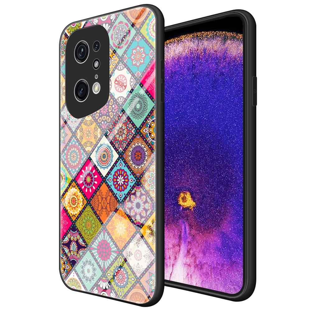 

For Oppo Find X5 Pro Kickstand Function Anti-fall Flower Pattern Design Hard Tempered Glass+PC Back+Soft TPU Frame Cover Case Color Pattern