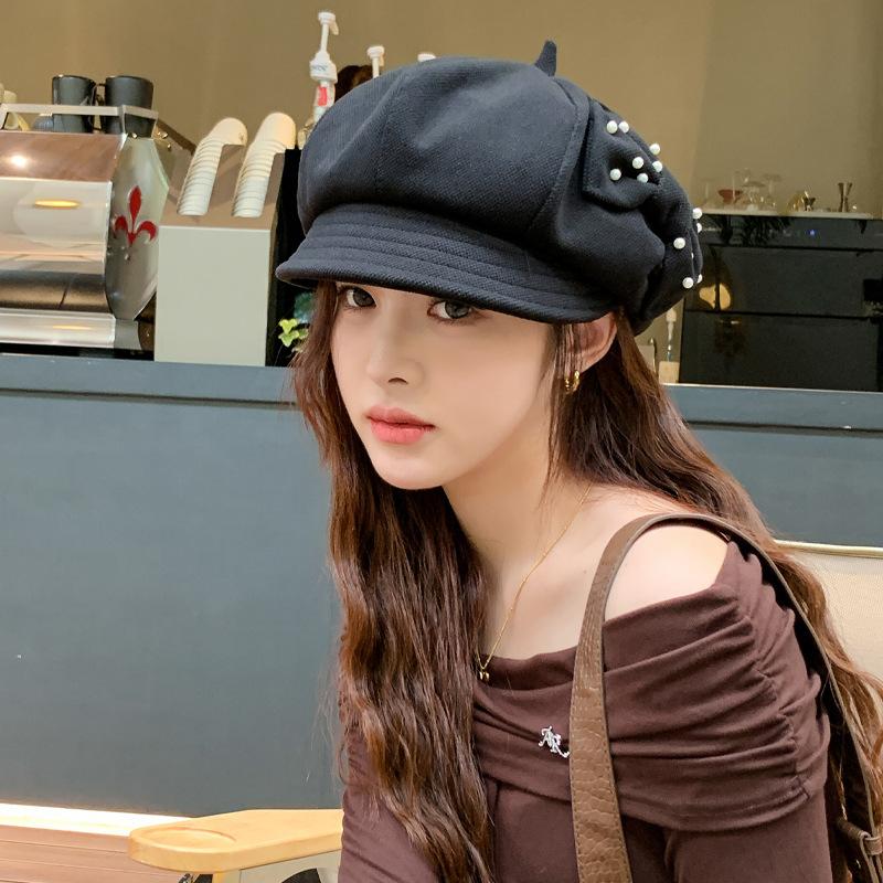 

Hat female early autumn spring and autumn thin octagonal hat versatile pearl bow big head circumference showing face small newsboy hat One Size