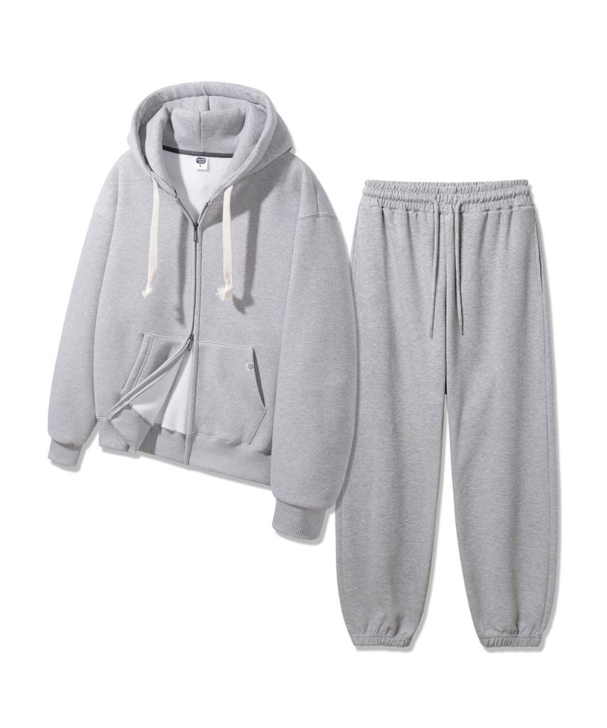Alvinclo [Set[Double Cotton/Fleece-Lined] Plain Oversized Two-Way Hooded Zip-Up Jogger/Semi-Wide Pants Set-Up