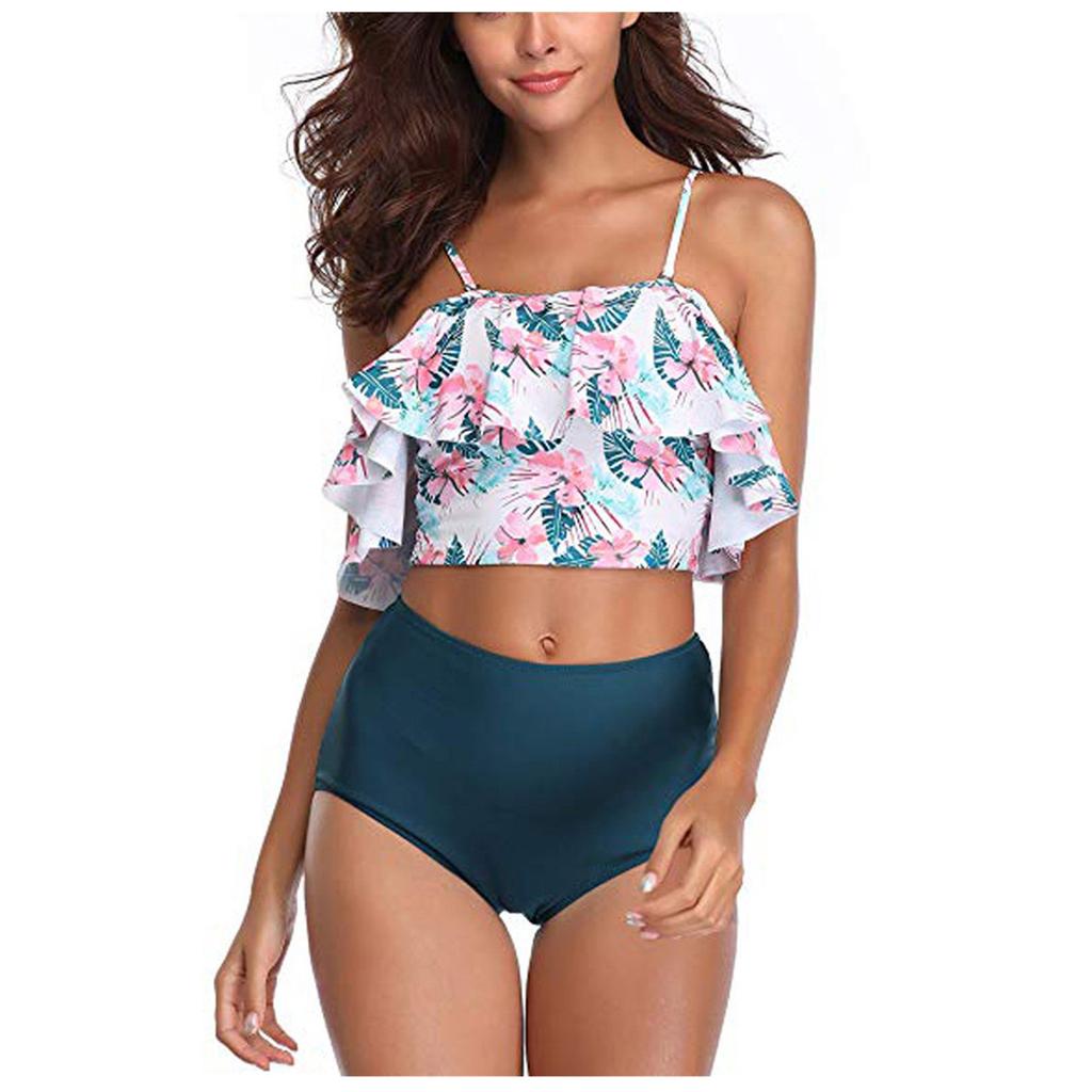 Zweiteiliges Badeanzug-Oberteil für Damen mit Rüschen und hoch tailliertem Bikini-Set