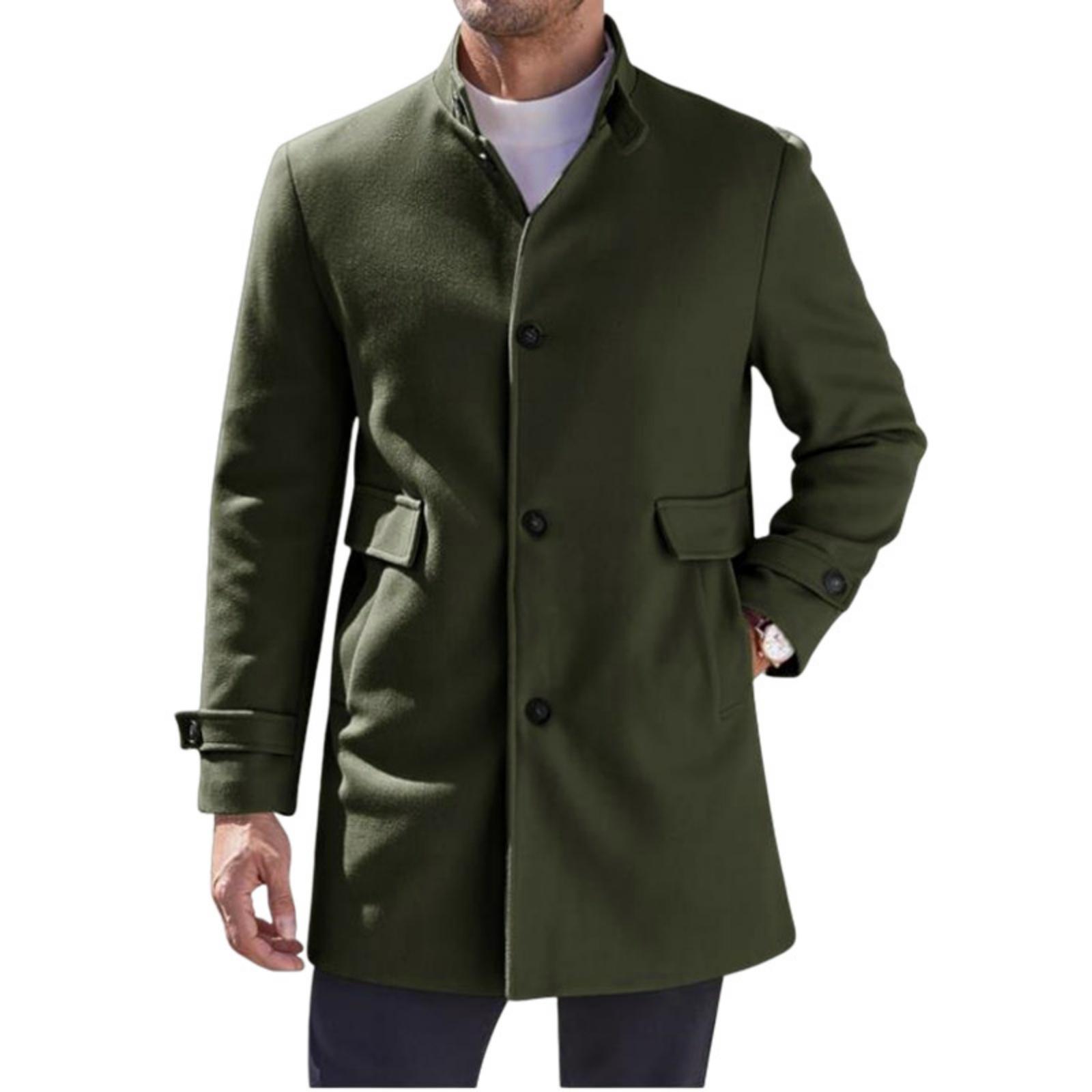 

Men s Fashionable Casual Stand-up Collar Mid-length Solid Color Woolen Coat XXXL армія зелений колір