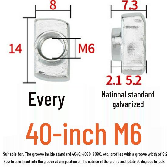 European Standard T-Nut - Rear-Mounted T-Shaped Hammer Head for Aluminum Profile (M4, M5, M6, M8) 20/30/40/45.