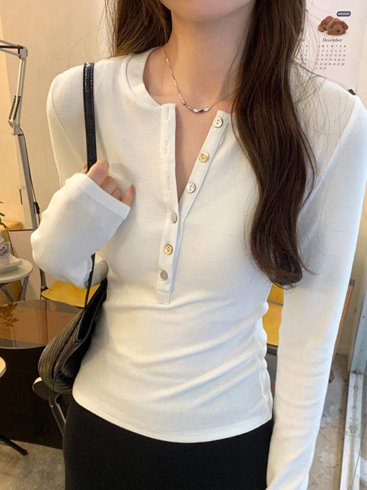 Women's Wine Red Button-Up Henry Collar T-Shirt - Spring/Autumn Waist-Cinching Long Sleeve 2026