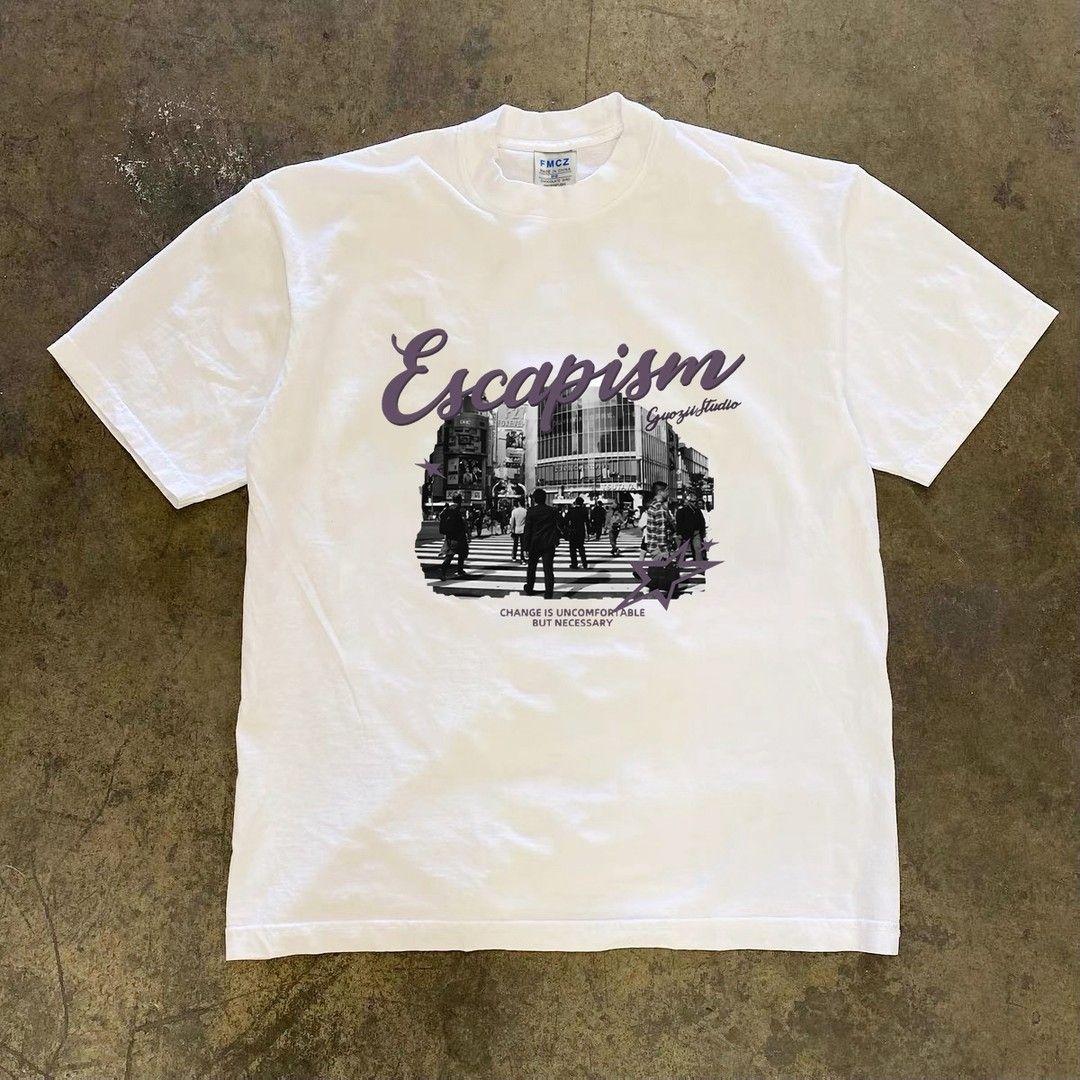 

Retro Tshirt pure cotton shortsleeved new trendy brand heavyduty printing loose fit trendy and casual style S