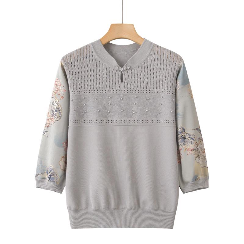 

Chic Spring Summer Knit Top with Gauze Sleeves for Middle-Aged Women 4XL (135-155 Jin)