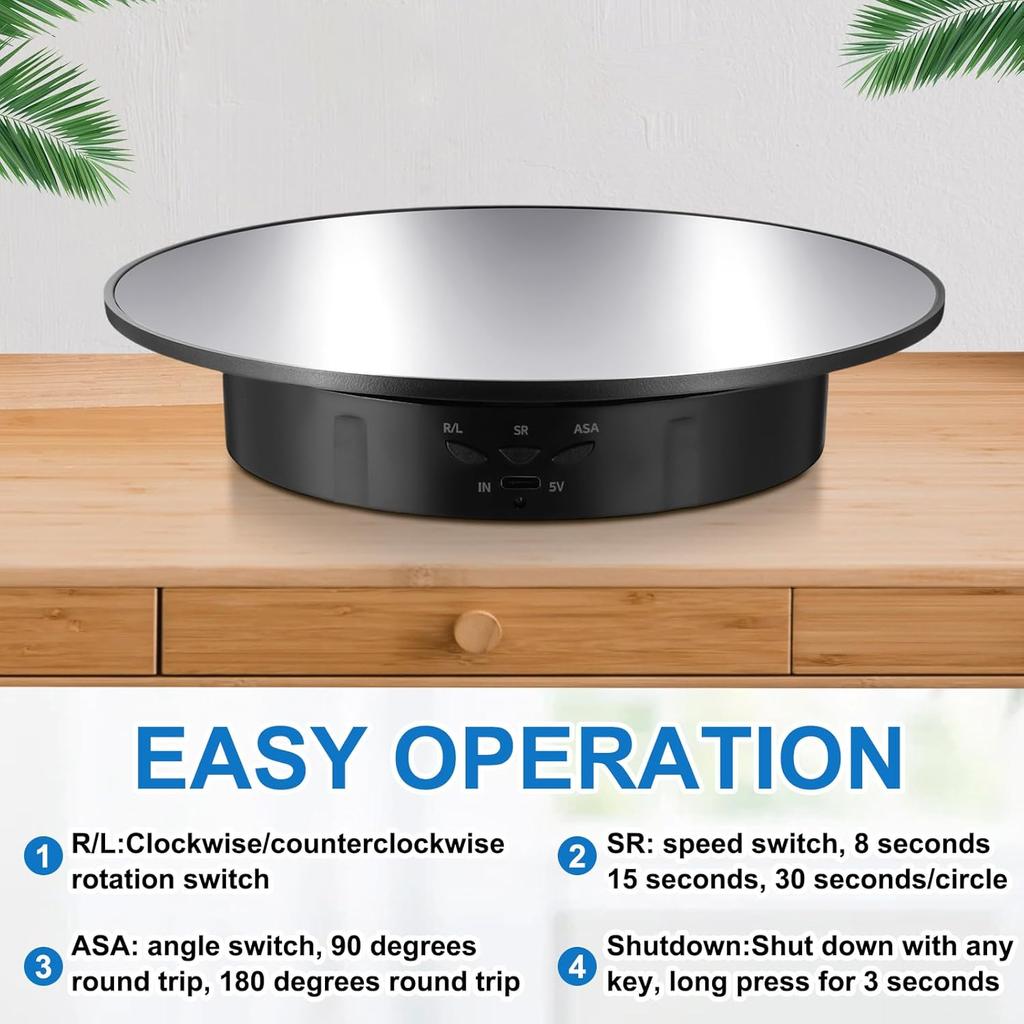 Rotating Display Stand 360 Electronic Turntable Display Spinner Stand with 7.87inch/17.6lbs Load Mirror Cover and USB