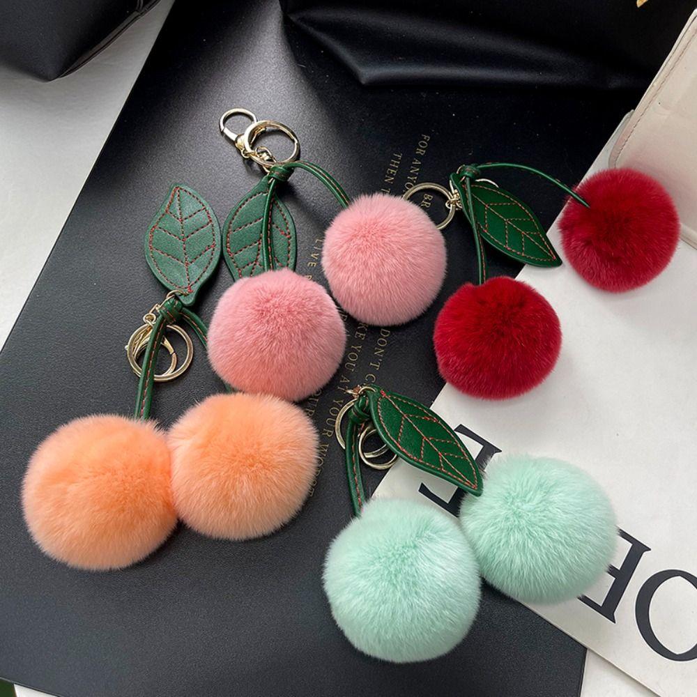 Multi-color Cherry Keychain Bag Pendant Fur Ball Keychain Fashion Pompom Ball Keyring  Women Gift