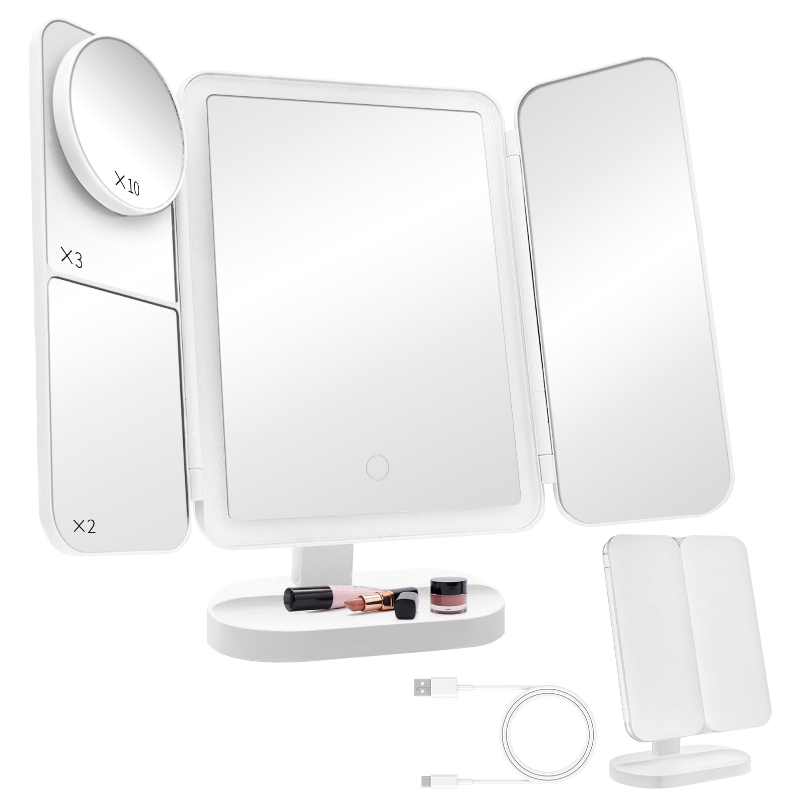 

SakuraLovely8 Actress Mirror with and 10x LED 3 Color Continuously Dimmable Slightly Foldable Tabletop Makeup USB 78 LED Adjustable Cute Design