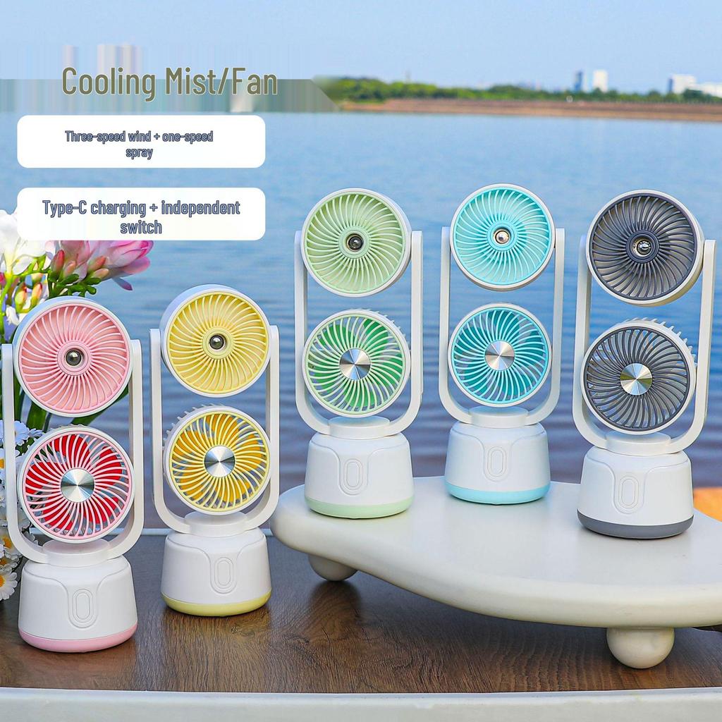 Dual-Head USB Mini Desktop Fan: Three-Speed, Strong Wind, Humidifying Spray for Summer Office
