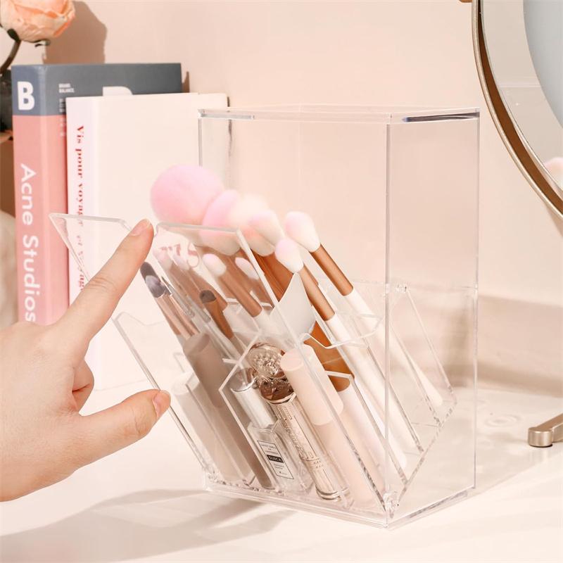 Acrylic Makeup Brush Holder with Slanted Flip-Top Lid Clear Dustproof 17-Slots Cosmetic Makeup Brushes Organizer Storage Box