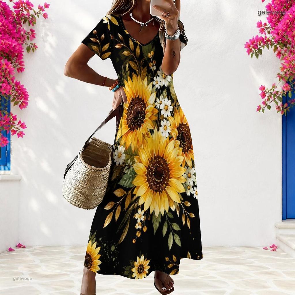 Women Plus Size Sunflower Printed V Neck Short Sleeve Black Straight Maxi Dress