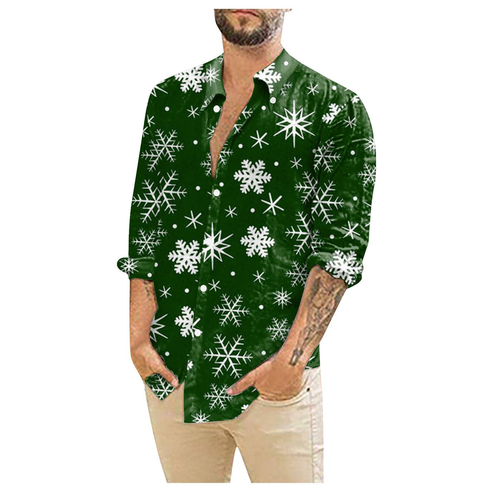 

Мужские рождественские рубашки с длинным рукавом и цветочным принтом, топы на пуговицах, забавная милая классическая рубашка с рисунком XXL зелёный