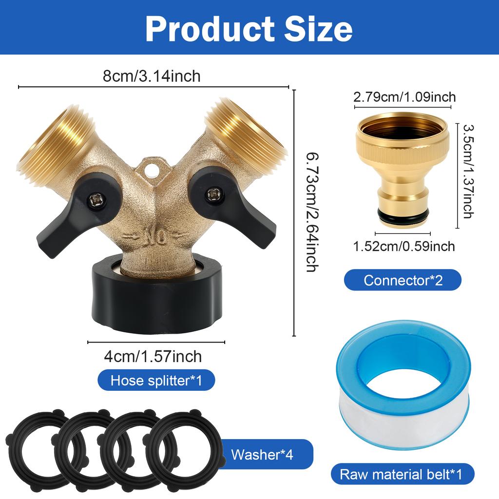 2 Way Hose Splitter Rustproof Garden Hose Splitter Practical Tube Diverter with Washer and Tape Multifunctional Tube Diverter