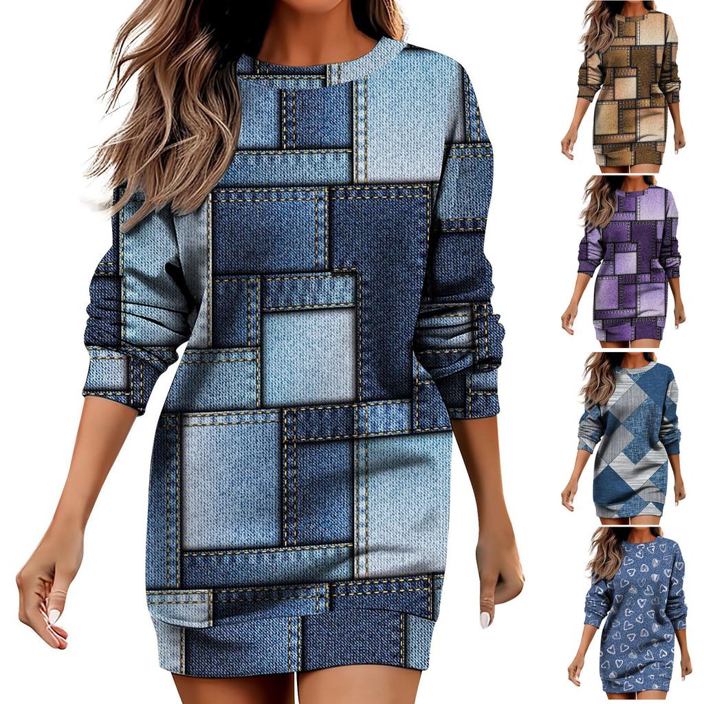 Long Sleeve Dress For Women Casual Printed Pullover Hip Pack Dress Sweater Dress