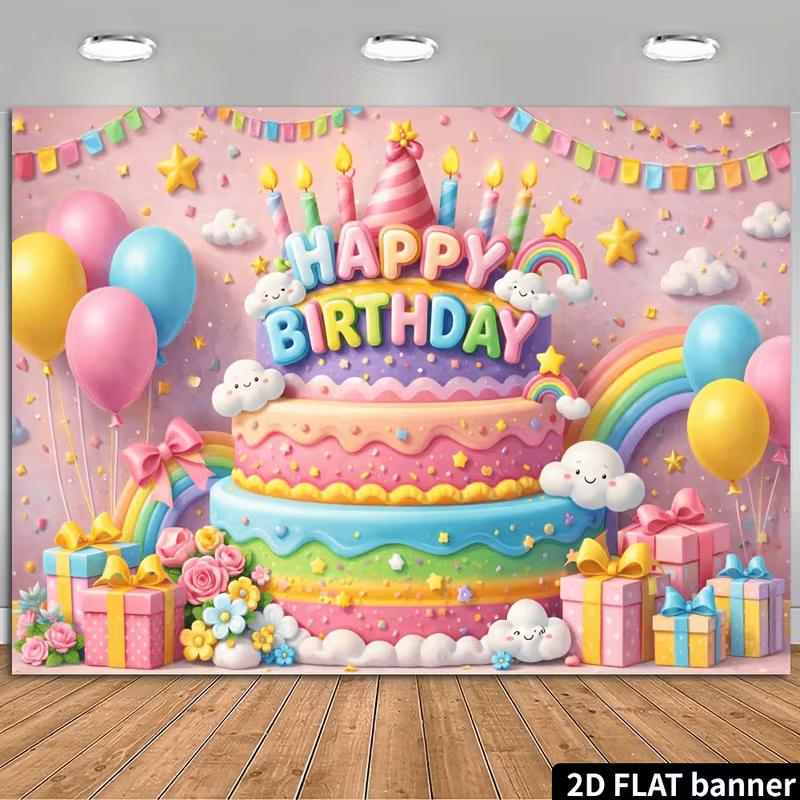 2D Cartoon Birthday Backdrop, Colorful Cake  Balloon Background Cloth for Toddler Birthday Photoshoot 47.2x31.5inch/120*80cm