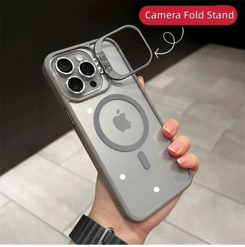 Magnetic Lens Metal Ring Stand Phone Case For IPhone 13 11 12 14 15 Pro Max Lens Glass Film Protection Transparent Magsafe Cover