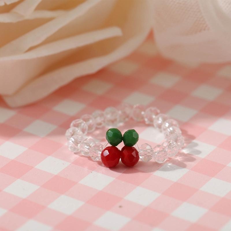 Red Cherry Rings Adjustable Size Beads String Rings Lightweight Elastic Rope Finger Rings Daily Wear Cherry Beaded Rings